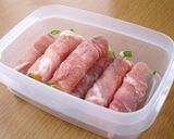 A picture of step 2 of Sweet and Salty Carrot and Pepper Filled Teriyaki Pork Rolls.