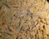A picture of step 5 of Beefy penne carbonara pasta.