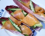 A picture of step 5 of Salmon & Okra on an Endive Boat with Paprika Salsa.