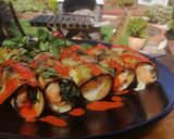 A picture of step 11 of Salmon,aubergine and spinach skewers with red pepper dressing.
