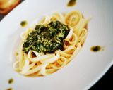 A picture of step 3 of Bucati with pesto.