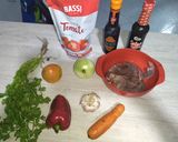 A picture of step 1 of Beef Stir-Fry with Russian Salad.