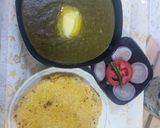 A picture of step 6 of Sarson ka Saag with makai roti.
