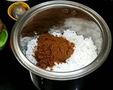 A picture of step 3 of Kaisasive chitranna / coconut mustard rice.