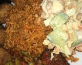 A picture of step 3 of Jollof rice with salad and peppered chicken.