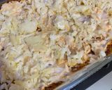 A picture of step 4 of Cheesy Lasagna (with Bechamel layer).