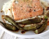 A picture of step 8 of Roasted Salmon with Okra, Grits, and Sherry Paprika Vinaigrette.