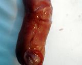 A picture of step 6 of Bloody Severed Fingers ( hot dogs with ketchup ) halloween.