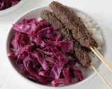 A picture of step 5 of Beef Kebabs with Sautéed Red Cabbage and Rice with Fresh Thyme.