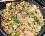 A picture of step 7 of Smoked Chicken sausage, Escarole and beans over quinoa and brown rice pasta.