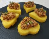 A picture of step 5 of Fried Polenta Hearts with Pioppini Mushroom Ragù.