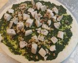 A picture of step 4 of Iz's Chicken Pesto Pizza.