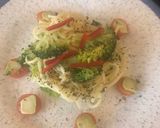A picture of step 3 of Broccoli & Spaghetti with pickled broccoli stem and broccoli dust.#Mysterybag2.