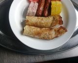 A picture of step 9 of Orange pancakes, beef sausages, Arrowroots, sweetpotatoes, tea.