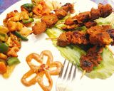 A picture of step 4 of Spicy Honey-Yogurt Mutton Kababs with sautéed veggies.