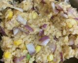 A picture of step 1 of Arancini with cheesy corn and mayo.