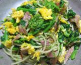 A picture of step 6 of Spring Pasta (Aglio, Olio e Peperoncino) with Nanohana Greens.