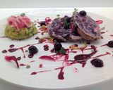 A picture of step 7 of Roasted Veal Loin with Flavored Coarse Salt, Blueberry Sauce, and Zucchini Fritters.