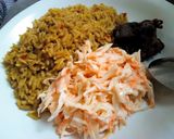 A picture of step 3 of Jollof rice with coleslaw.