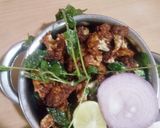 A picture of step 8 of Egg Biriyani, cauliflor chilli,potato fried with Badam Drink.