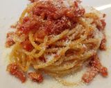 A picture of step 3 of Amatriciana with Tuscan pancetta.