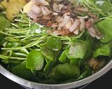 A picture of step 2 of Purslane Soup with Goat Cheese Whipped Cream and Hazelnut Oil.