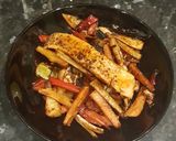 A picture of step 7 of Marinated salmon with honey roasted paprika veg.