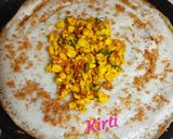 A picture of step 7 of Paneer Corn Dosa with podi, Sambhar and Coconut chutney.
