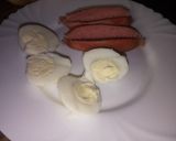 A picture of step 3 of Eggs, smokies with kachumbari.