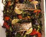 A picture of step 3 of Rainbow roast salmon and veg 🌈.