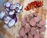 A picture of step 3 of Mushroom stir fry with Bak Choy, Chilies and Sausage.