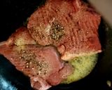 A picture of step 2 of My Peppered Rump Steak with chilli flavoured Mushroom + Onion 🥰.