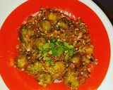 A picture of step 2 of Brussels Sprouts in Veggie Sauce and Egg, with Basil.