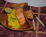 A picture of step 10 of Salmon fish with turmeric-ginger rice OR with Spinach puree.
