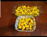 A picture of step 1 of Mangoes with chocolate and biscuits.