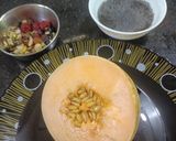 A picture of step 1 of Rose melon Shake with coconut and sabja.
