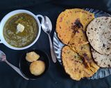 A picture of step 7 of Sarson ka Saag with Makki di Roti.