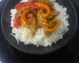 A picture of step 4 of Crispy chilli beef with white rice.
