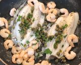 A picture of step 4 of Lemon sole, capers, prawns and mangetout.