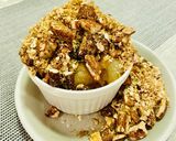 A picture of step 3 of Pecan Pear crumble with candied ginger (Microwave 5 mins).