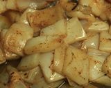 A picture of step 1 of Squid cubes and beans stir fry in kerala spicy-roast coating.