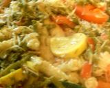 A picture of step 5 of asparagus veggie chicken pasta.