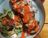 A picture of step 11 of Salmon,aubergine and spinach skewers with red pepper dressing.