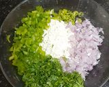 A picture of step 1 of Paneer capsicum, onion toast.