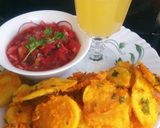A picture of step 8 of Bhajiah with tamarind kachumbari and pineapple juice.
