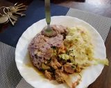 A picture of step 5 of #themechallenge arrow roots, beans and maize mukimo served beef.