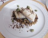 Foto del paso 18 de la receta: Bacallà cuinat a baixa temperatura sobre un llit de sofregit amb pols de vegetals,faves caramel·litzades salsa de bolets