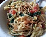 A picture of step 6 of pasta & eggs together? for breakfast? absolutely!.