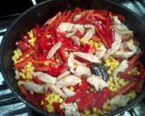 A picture of step 3 of Turkey with pointed peppers, creme fraiche and pasta..