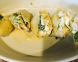 A picture of step 6 of Chicken Broccoli Alfredo Stuffed Shells.